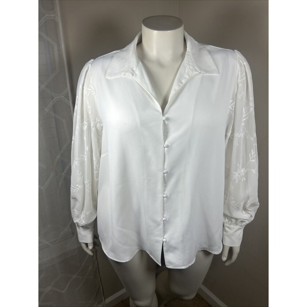 Plus Size Womens Button Down Blouse 2X White Sheer Lace Sleeve Soft Surroundings